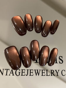 Bộ 10 Móng Tay Giả Mắt Mèo Ngắn Màu Nâu Kèm Miếng Dán & Dũa Mini - Dễ Dàng Dán Móng Giả Để Làm Móng Nhanh Chóng