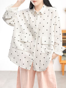 Green Cotton Double Thread Cotton Linen Polka Dot Shirt Women Loose Large Version round Dot Long Sleeve Spring New Arrival