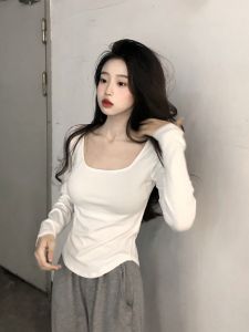 Plus Size Womens Clothing K-style Chubby Girl Silm Slim Looking Pure Color Square Neck T-shirt Autumn Simplicity Fashion All-Match Long Sleeves Tops
