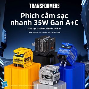 Sạc Nhanh Transformers TF-K21 35W PD GaN Cổng Kép USB A + Type C Có Thể Gập Lại Kèm Bộ Chuyển Đổi LED
