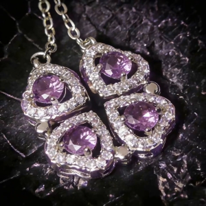 Lucky Clover Purple Crystal Pendant,Heart Cluster Violet Crystal Necklace