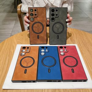 Leather Deer Phone Case for Samsung Galaxy S25 S24 S23 S22 S21 Note 20 Edge Ultra Plus FE Magnetic Wireless Charging Back Cover