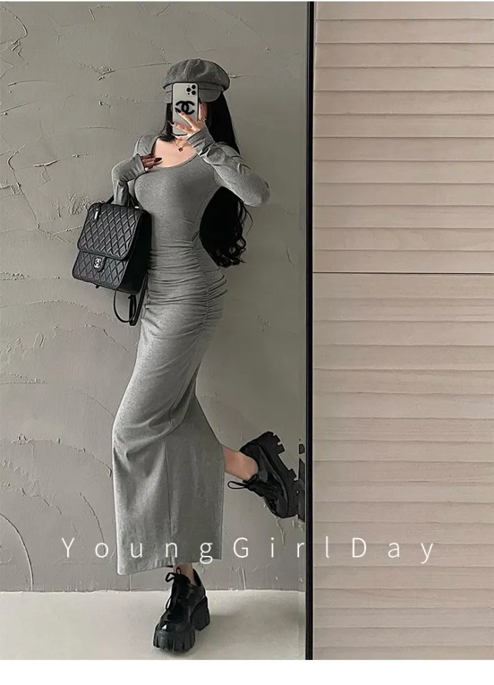 Chic Korean Style Women's Long Sleeve round Neck Bodycon Dress Belted  Slimming Fitted Skirt Single Piece Autumn Winter Fashion | Lazada
