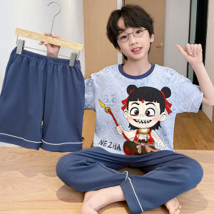 miiow | Pure Cotton Childrens Sleepwear Short Sleeve Shorts Home Clothes For Boys Catman 2025 New Arrival Summer Outfit Suitable For Outdoor