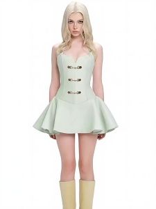 Metal Decorated Sweet & Spicy Style Strap Dress Waist Slimming Fluffy Short Dress