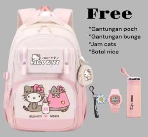 Tas sekolah ransel anak perempuan remaja SD SMP motif hello Kitty gratis botol minum jam tangan gantungan tas bunga tas sekolah anak perempuan remaja tas ransel