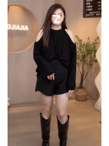 plus Size Womens Long Sleeve Shoulder Bared Pure Color Shirt Fall Versatile Slimming Meat Concealing Top Korean Style Loose Fit