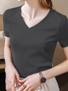 Gray Short Sleeve V-neck T-Shirt Womens Loose Summer Hong Kong Style Shoulder Pure Cotton Fashion Tops 2024 New Arrival Bottoming Shirt
