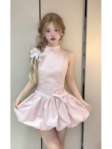 Váy Cổ Treo Màu Hồng Cho Nữ Mùa Hè Mới Ngọt Ngào Váy Ngắn Không Tay Váy Chữ a Cạp Cao Váy Chữ a Màu Trơn