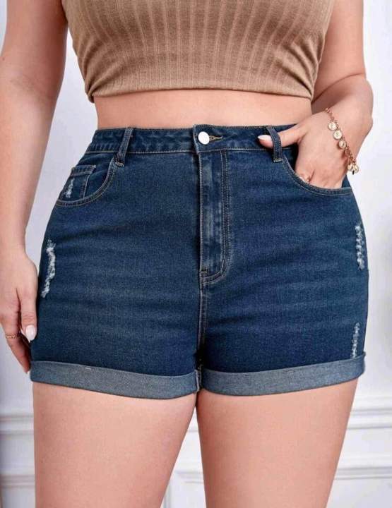 Plus Ripped Roll Up Hem Denim Shorts Lazada Ph