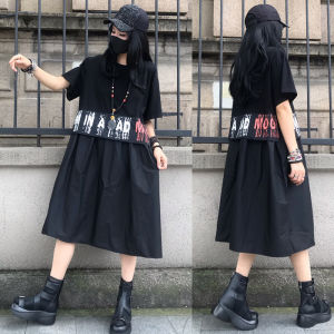 Summer 2025 High Waist plus Size Fashionable Black Short Sleeve Midi Dress Street Style Loose Fit Gored Skirt round Neckline