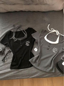 Sweet And Spicy Style Short Sleeve T-Shirt Womens Summer Slim Fit Cute Homebody Fake Two-Piece Printed Cotton Short Sleeve