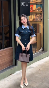 Đầm thiết kế BEMINE cổ đức phối kẻ sọc dáng chữ A phù hợp đi làm-B119