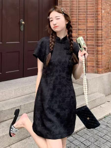 New 2025 Summer Chinese National Stylemodified Cheongsam Dressfor plus Size WomenCompact Slimming Short Black Dress for Casual Wear