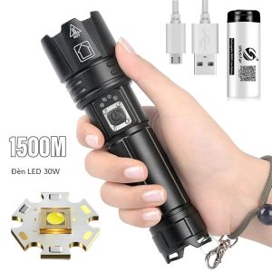 Siêu Sáng LED Đèn Pin USB Có Thể Sạc Lại Torch Ánh Sáng Với 30W LED Có Thể Chiếu Sáng 1500 Mét Chiến Thuật Đèn Lồng
