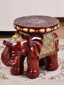 Thai Carved Elephant Home Decor Lucky Fortune Gathering Wooden Simulation Real Wood Shoe Bench Feng Shui Ornament Animal Shape