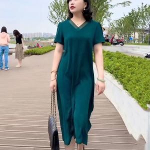 Summer Short Sleeve Silk Dress V-Neck Loose Fit Midi Dress Korean Style Hollow out Embroidery A-Line Skirt for Mom