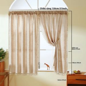 1PC Nhật Bản Phong Cách Boho Cà Phê Màu Nguyên Chất Màn Valance Thanh Túi Ngắn Màn Cho Phòng Cửa Sổ Cửa Trang Trí 100% Polyester