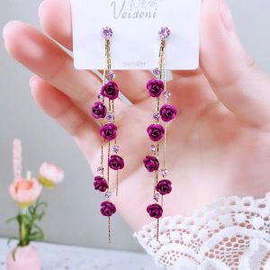 Elegant Rose Flower Long Tassel Earrings For Women Shiny Colorful Rhinestone Dangle Earring Wedding Party Engagement Jewelry