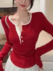 Áo Thun Dài Tay Màu Đỏ Gợi Cảm Cài Nút Cổ Nửa Cho Nữ Mùa Thu Phong Cách Mới Ôm Vừa Vặn Kẻ Sọc Xen Kẽ Dài Tay Áo Thun Nữ