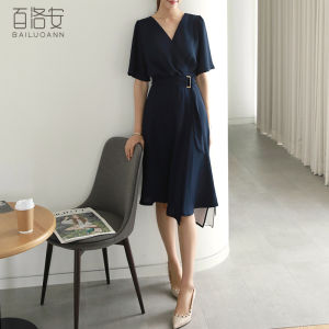 BAILUOANN | Bailuan V-neck Short Sleeve Womens Dress Slimming A-line Midi Skirt High Waist Simple Style New Summer Fashion Dress