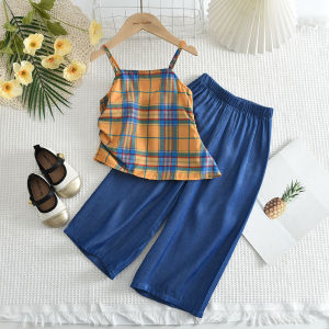 Bear Leader Korean Version 2 Pieces Sets for Baby Girls Clothes 3 to 7 Years Kids Plaid Camisole T-shirt Top + Imitation Jeans Pants Suits Clothing Suits Summer New Outwear