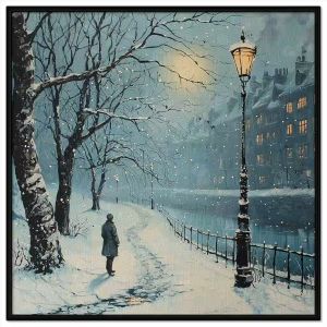 Tranh mùa đông phong cảnh người đàn ông ngắm nhìn tuyết rơi lúc thành phố lên đèn.Tranh treo tườngdán tường.CGI-1199
