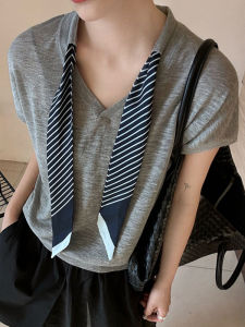 YUEZHONGWEI | French V-neck Silk Scarf Knot Grey Shoulder Ice Silk Knitted Short Sleeve T-shirt Women Summer Slimming Short Style Top