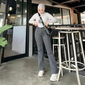 Celana Jeans Wanita Cutbray Highwaist Bahan Melar Stretch Korean Style Hangover Denim Premium