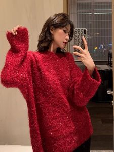 เสื้อสเวตเตอร์ถักนิตติ้งเงาสีแดงสำหรับผู้หญิง ฤดูใบไม้ร่วง/ฤดูหนาว เสื้อคลุมยาวปานกลาง สไตล์วันหยุดใหม่ แฟชั่นสำหรับผู้หญิง