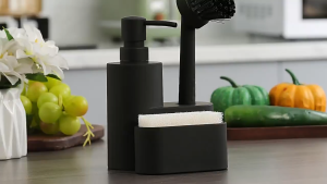 Dish Soap Dispenser with Sponge Holder and Brush Accessory for Cafe Bar 11oz Compact Size Dishwashing Container for Kitchen Sink