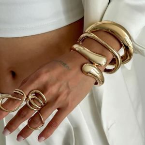 Ingemark 4 Styles Punk Smooth Water Drop Spring Bangles for Women Vintage Gold Color Geometric Bracelets Party Men Jewelry Gift
