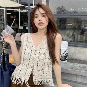 ฝรั่งเศส ดีไซน์ Hollow Out ถัก เสื้อกั๊ก ผู้หญิง ฤดูร้อน แจ๊กเก็ต หลวม พู่ แขนกุด เซ็กซี่ ด้านบน หวาน สไตล์ คอวี ผ้าฝ้าย 100%