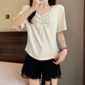 Plus Size Womens Clothing for Fat Girls Recommend ~ Elegant French Square Collar Curved Hem Belly-Covering Short Sleeve T-Shirt Womens Summer