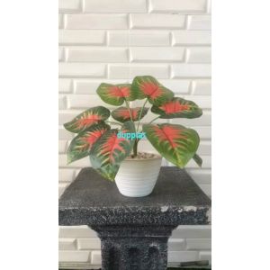 Tanaman Artificial Pohon Plastik Daun Keladi Corak Merah X9 Pot Tawon Dekorasi Meja Kantor
