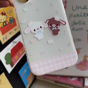 Splicing Pink Grid Cartoon Rabbit Phone Case for iPhone 11 12 13 14 15 16 Pro Max Plus casing Hanging IMD hard cover for iPhone13 case