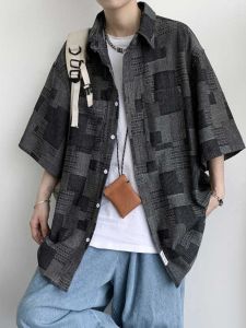Japanese-Style Retro Gingham Workwear Short Sleeve Shirt Mens Summer Loose Design Denim Shirt Trendy Casual Outwear