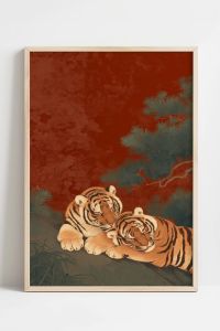 BILIBILI | Japanese Tiger Poster Vintage Wildlife Art Print Red Oriental Wall Art Traditional Woodblock Style Zen Nature Home Decor