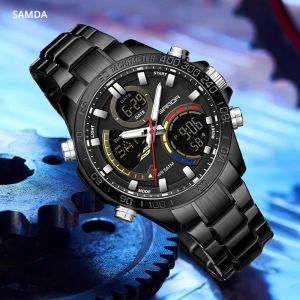 นาฬิกาอิเล็กทรอนิกส์ SANDA 6269 หน้าปัดคู่ ระบบขับเคลื่อนสองระบบ กันน้ำ 5ATM ไฟกลางคืน แสดงเวลาสามเขต นาฬิกาสปอร์ตสำหรับนักเรียน