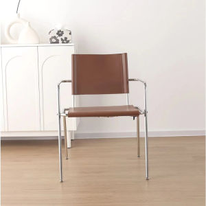 Zhonggu Retro Bauhaus Designer Dining Chair Stainless Steel Saddle Leather Minimalist Modern Armchair Casual Couch