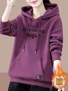 เสื้อสเวตเตอร์มีฮู้ดผู้หญิง ทรงหลวม แขนยาว ปกติ โพลีเอสเตอร์ 100% เสื้อคลุมกันหนาวแบบหนา แฟชั่นฤดูใบไม้ร่วง/ฤดูหนาว