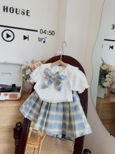 Váy bé gái sét váy học sinh nơ kẻ cổ áo thêu 13-36kg