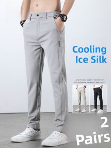ROMON | Lormen Ice Silk Mens Summer Thin Quick Dry Slim Fit Straight Leg Suit Pants Casual Elastic Leisure Trousers Fashionable Urban Style