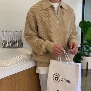 Bonnie Cathy เสื้อกันหนาวผู้ชายครึ่งซิปเสื้อกันหนาวถักปกย้อนยุคญี่ปุ่นเสื้อกันหนาวสบายๆหลวม