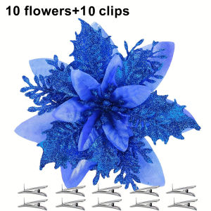 10Pcs Glitter Artificial Flowers 14CM Fake Flower Christmas Decoration Christmas Tree Garland Ornament Xmas DIY Gift Accessories