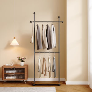 Simple and Portable Coat Rack Floor Standing Metal Hanger Household Double-layer Clothing Storage Rack