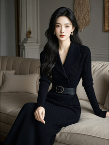 Womens Black Knitted Long Dress Slim Fit Hepburn Style Autumn Winter High Fashion Sensation Commute Loose Type Cashmere Sweater