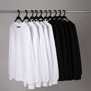 Heavyweight Long Sleeve Pure Cotton T-Shirt Mens Loose Fit round Neck Base Shirt Womens Versatile Casual White T-shirt