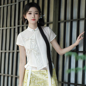 Retro Style Short Sleeve Button-up Embroidered Work Shirt for Women Loose Fit Stand Collar Chinese Traditional Design Short Skirt
