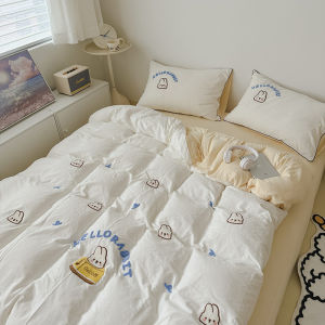 Pure Cotton Embroidered Rabbit Bedding Set Student Dormitory Three-Piece Quilt Cover Sheet Pillowcase Cute Little Rabbit Design